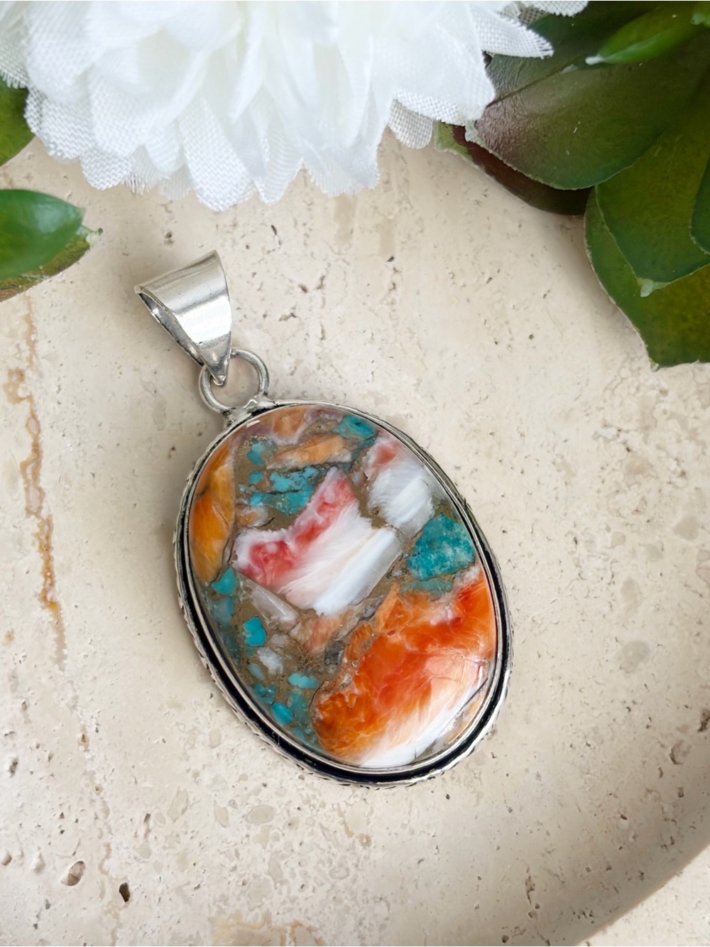 Chunky Oyster Turquoise Pendant Oval Southwest Style Sterling Silver 925 Overlay